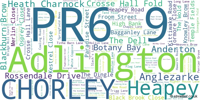 A word cloud for the PR6 9 postcode